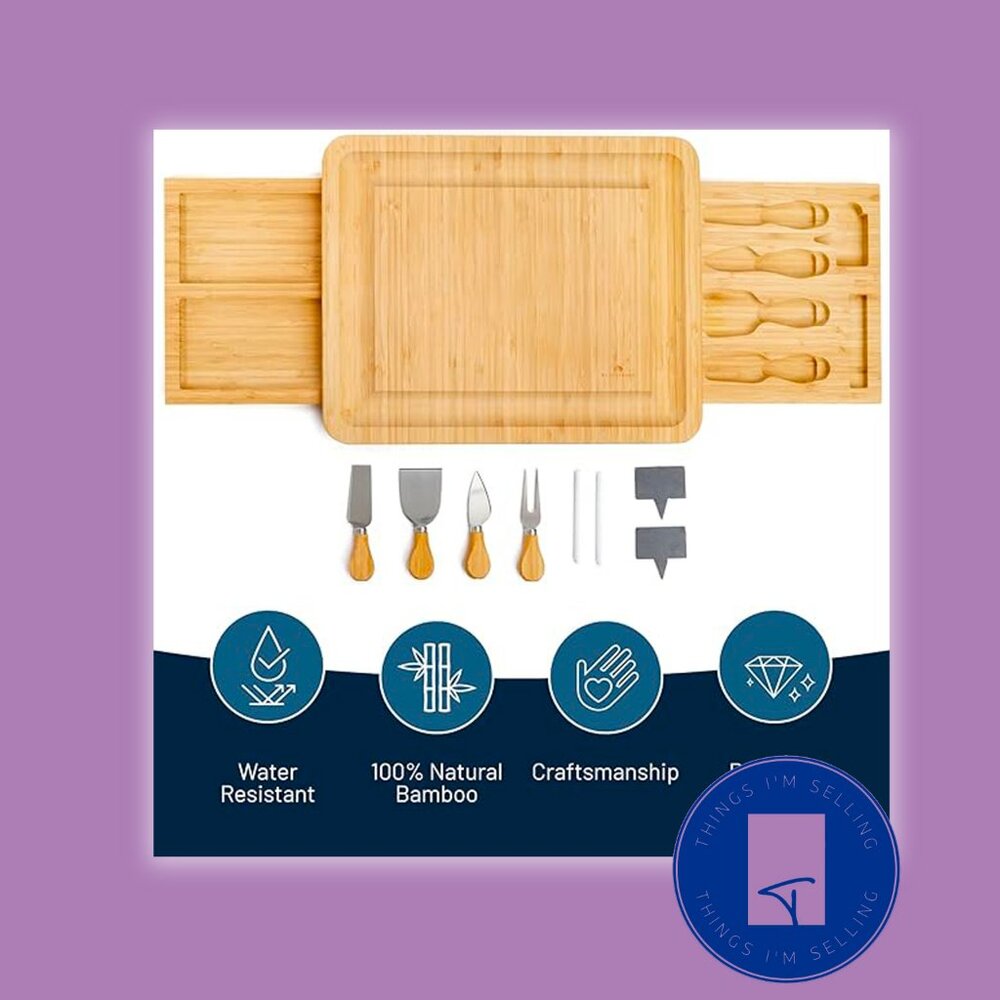 RoyalHouse Unique Bamboo Cheese Board and Knife Set with 2 Slide-Out Draws